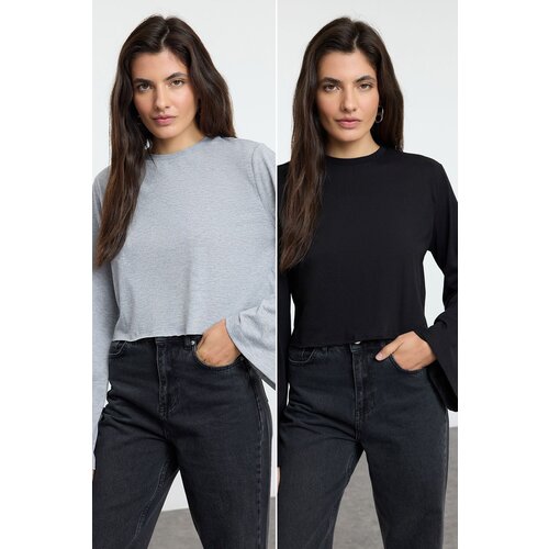Trendyol Black-Grey Melange 2-Pack 100% Cotton Spanish Sleeve Knitted T-Shirt Slike