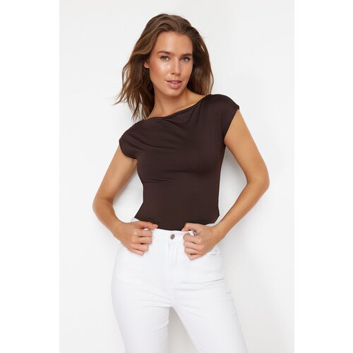Trendyol Brown Fitted Bateau Neck Stretchy Snap Fastener Knitted Bodysuit Slike