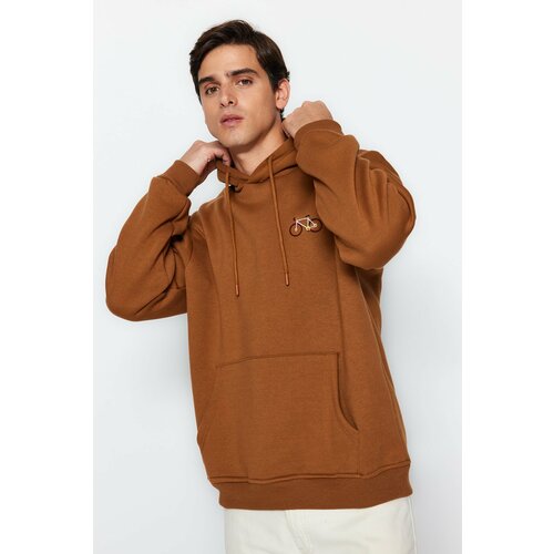 Trendyol Brown Men's Regular/Regular Cut Hoodie with Minimal Embroidery, Fleece Inside Cotton Sweatshirt. Cene