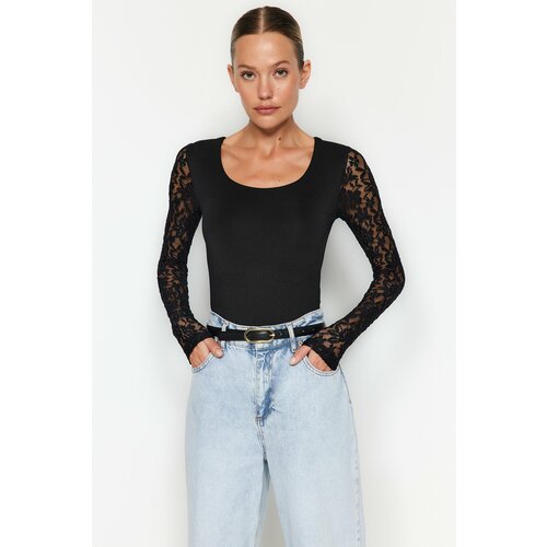 Trendyol Black Square Collar Lace Sleeves Knitted Body With Snap Buttons Slike