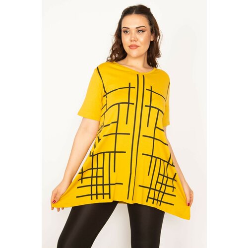 Şans Women's Plus Size Yellow V-Neck Front Printed Tunic Cene