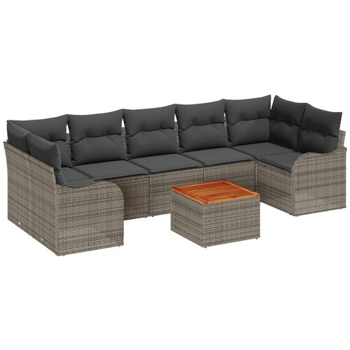 VidaXL 8-dijelni vrtni set sofe s jastucima siva poli ratan akacija, 2-sjedala vrtna sofa s jastucima siva poli ratan Slike