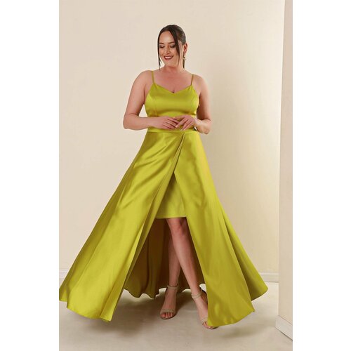 By Saygı Pistachio Green Plus Size Long Satin Dress with Thread Straps and a Slit in the Front Slike