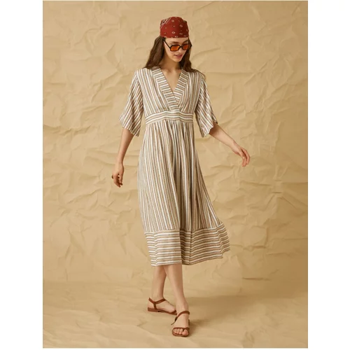 Koton V-Neck Striped Long Dress with Short Flowy Sleeves