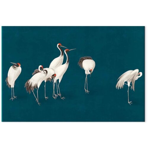  XXL slika - Evening by the pond - a group of cranes drawn in dry pastel on a dark turquoise background 180x120 Slike