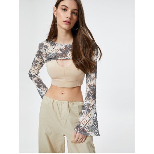  Openwork Crochet Crop Bolero T-Shirt Long Wide Sleeve Batik Patterned Slike