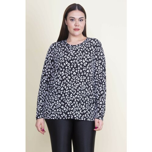 Şans women's plus size black crew neck patterned blouse Slike