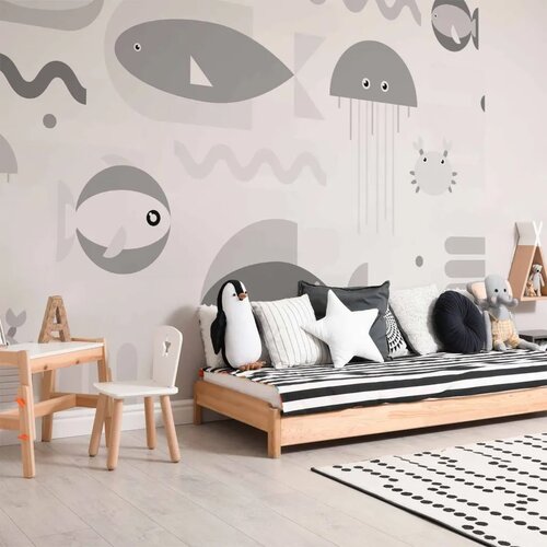  Foto tapeta - Minimalist grey ocean - geometric fish in water for children 490x350 Samoljepljiva Slike