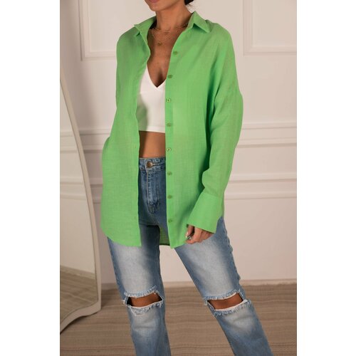 armonika Women's Light Green Oversized Textured Linen Look Wide Cuff Shirt Slike