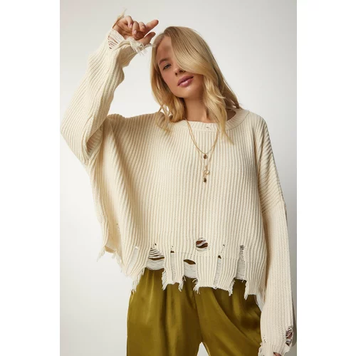 Happiness İstanbul Women's Cream Ripped Detailed Oversized Knitwear Sweater