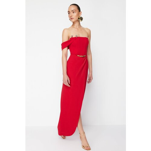 Trendyol X Zeynep Tosun Red Wrap Knitted Long Evening Dress & Graduation Dress with Accessory Detail Cene