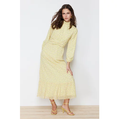 Trendyol Yellow Floral High Neck Waist Detailed Lined Chiffon Woven Dress