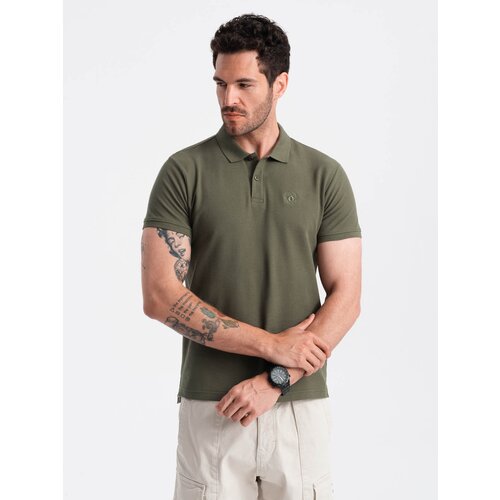 Ombre Men's BASIC single-color pique knit polo shirt - dark olive green Cene