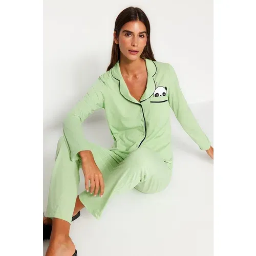 Trendyol Mint Panda Printed Shirt-Pants Knitted Pajamas Set