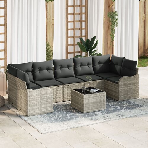 VidaXL set za vrtne sofe od 8 dijelova s jastucima svjetlosiva poli ratan, 2-sjedalna vrtna sofa s jastucima svjetlosiva poli ratan Slike