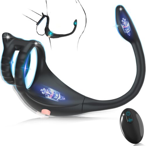 SuperLove Dual Vibrating Cock Ring Anal Lock & Prostate Massager with Remote Black Cene