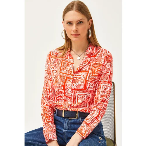 Olalook Women's Orange Patch Patterned Woven Viscose Shirt