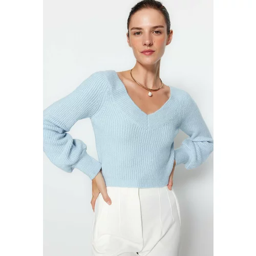 Trendyol Light Blue Crop Soft Textured Wool Knitwear Sweater
