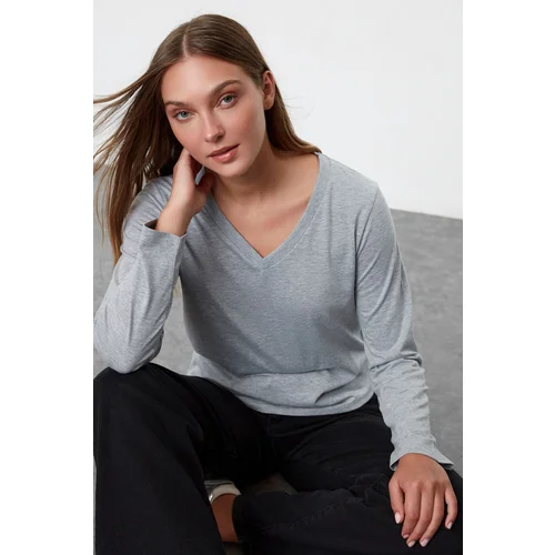 Trendyol Gray Melange 100% Cotton Regular/Normal Fit Basic V-Neck Long Sleeve Knitted T-Shirt