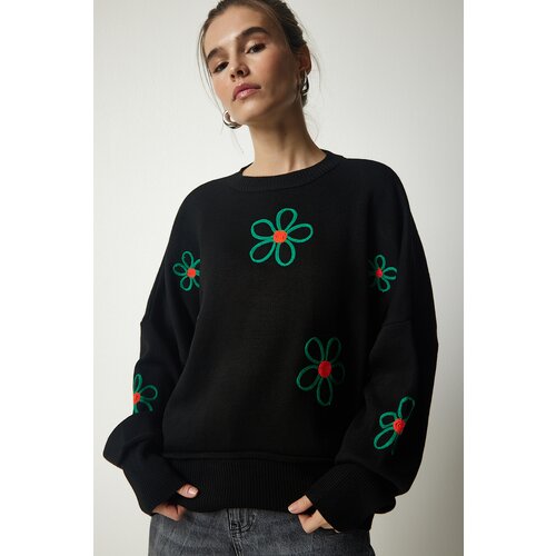 Happiness İstanbul Women's Black Floral Embroidered Oversize Knitwear Sweater Slike