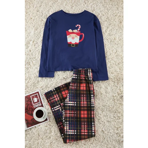 Trendyol Navy Blue 100% Cotton Christmas Themed Knitted Pajamas Set