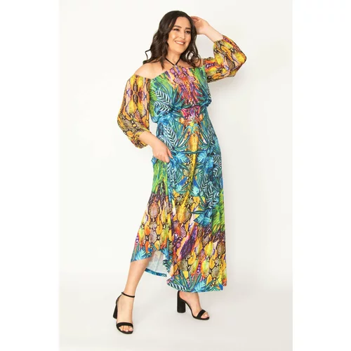 Şans Women's Plus Size Colored Halter Sleeve Detailed Colorful Dress