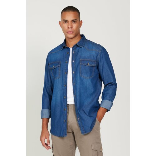 AC&Co / Altınyıldız Classics Men's Blue Slim Fit Slim-Fit Cut Collar Hidden Buttons 100% Cotton Denim Shirt. Cene
