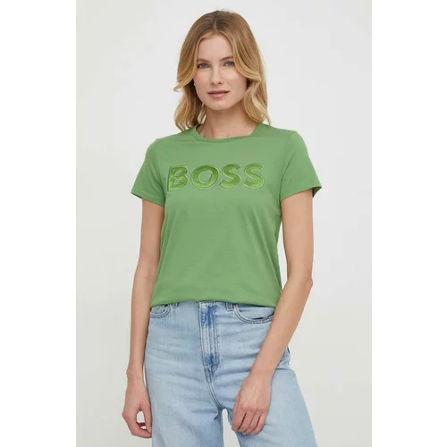 Boss Pamučna majica za žene, boja: zelena