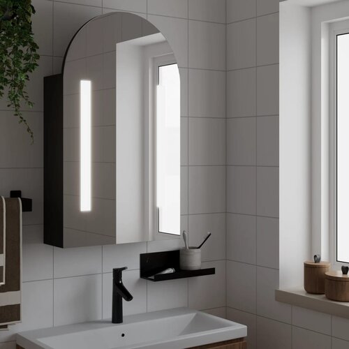  Kupaonski ormarić s ogledalom LED lučni crni 42 x 13 x 70 cm Slike