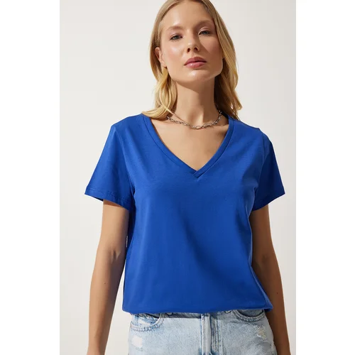  Women's Blue V Neck Basic Knitted T-Shirt