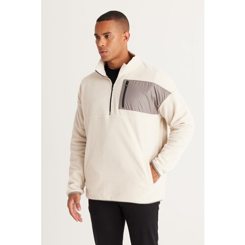 AC&Co / Altınyıldız Classics Men's Beige Oversized Wide-Cut Bato Collar Pocket Detailed With Zipper Cold-Proof Fleece Sweatshirt. Cene