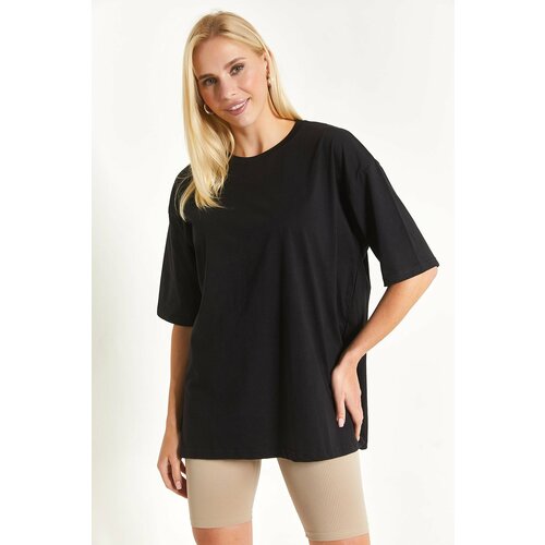 armonika Women's Black Round Collar Oversize T-shirt Slike