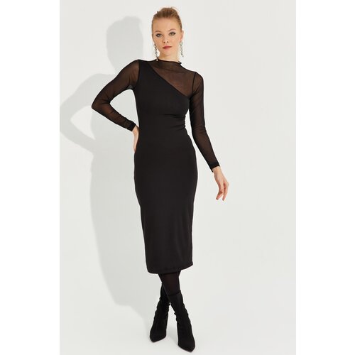 Cool & Sexy Women's New Year Black Tulle Detailed Asymmetrical Midi Dress Cene