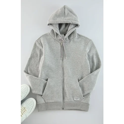 Trendyol Grey Melange Regular Fit Hooded Zippered Label Applique Thick Sweatshirt