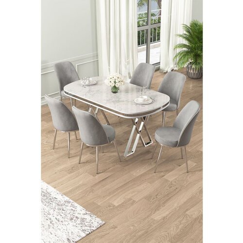 Hanah home Lai - White, Chrome, Grey WhiteChromeGrey Dining Table & Chairs Set (7 Pieces) Cene