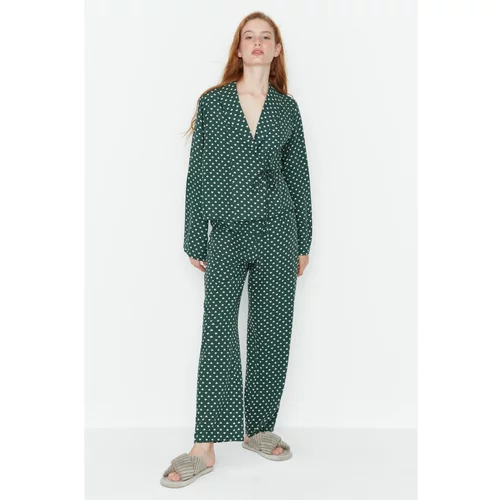 Trendyol Green Heart Patterned Lacing Detail Viscose Woven Pajamas Set