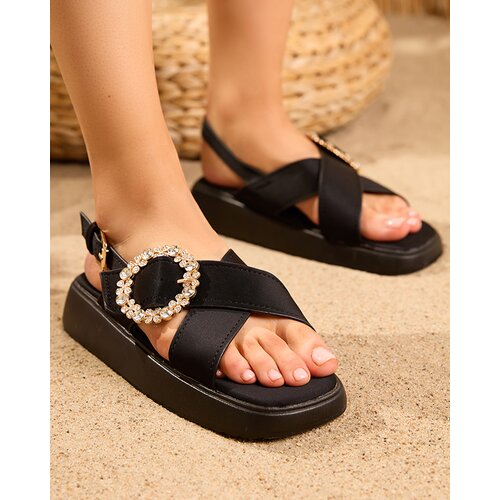 Resti Black fabric women's sandals on a flat sole with cubic zirconia Senire - Footwear Cene