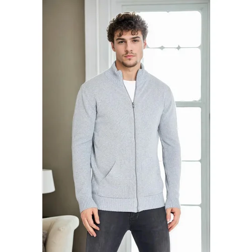 Dewberry 83582 Zippered Knitwear Mens Cardigan with Pocket-LIGHT GREY