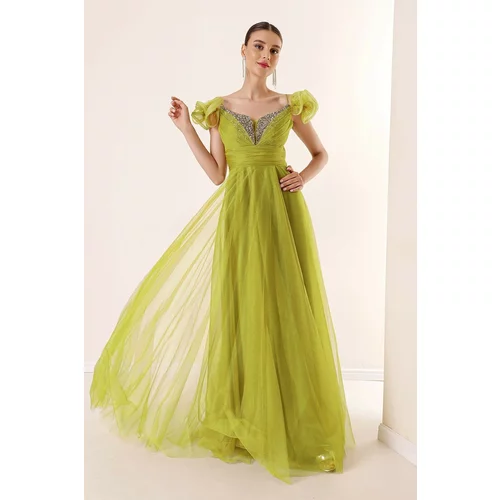 By Saygı Front Back, V-Neck Rope, Straps, Low Sleeves, Stone Detailed, Lined, Long Tulle Dress, Pistachio Green.