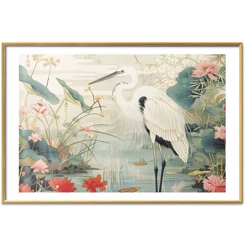  Plakat - Over the Asian Pond - illustration in the Japanese print style featuring a heron 60x40 Zlatni okvir s margom Slike