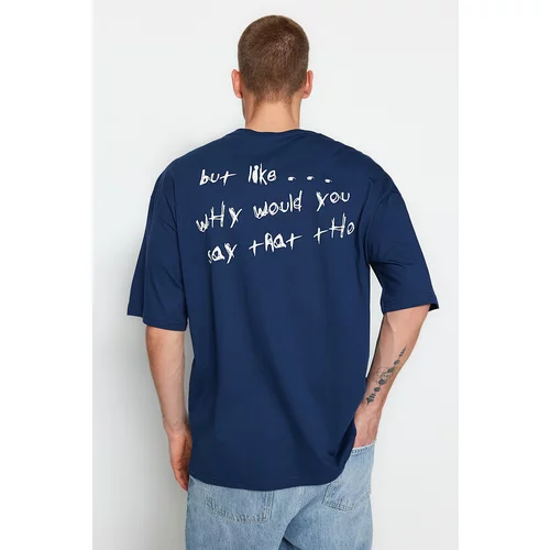 Trendyol Indigo Men's Oversize/Wide Cut 100% Cotton Crew Neck Text Printed T-Shirt