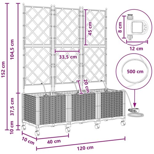  Vrtni planter s navodnjavanjem i kotačima 3 kom. Siva PP - Siva 120 x 40 x 142 cm s kotačima Slike