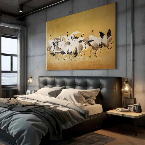  XXL slika - Japanese cranes - a flock of birds against a golden background based on a painting by Ishida Yūtei 140x93 Slike