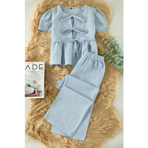 Trendyol Blue Solid Tied Poplin Woven Pajama Set Slike