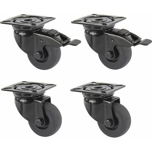 Proroll Črno termoplastično gumijasto kolo, z montažno ploščico, komplet, 2 vrtljivi kolesi z dvojno zavoro in 2 fiksni kolesi, kolo Ø x širina 50 x 1