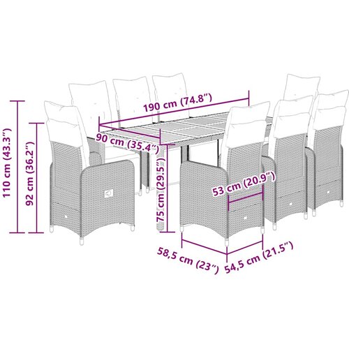  9-dijelni vrtni bistro set od poliratana s jastucima crni Crna 190 x 90 x 75 cm Slike