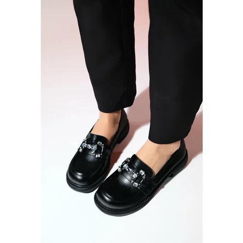 LuviShoes NORMAN Black Skin Stone Buckle Women's Loafer Shoes