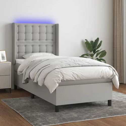 vidaXL Box spring postelja z vzmetnico LED svetlo siva 90x190 cm blago