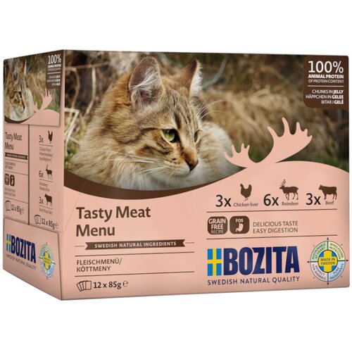 Bozita ko&scaron;čki v želeju v me&scaron;anem pakiranju 12 x 85 g - Me&scaron;ano pakiranje z mesnim menijem (3 vrste) Cijene