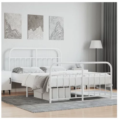 vidaXL Kovinski posteljni okvir z vzglavjem in vznozjem bel